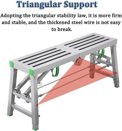 Adjustable Steel Scaffolding Ladder Workbench Built Like A Tank With 800 Lbs Load Capacity And Non Slip Pads For Heavy Duty Construction DIY Projects Converts To Rugged Portable Scaffold Platform with triangular support design.