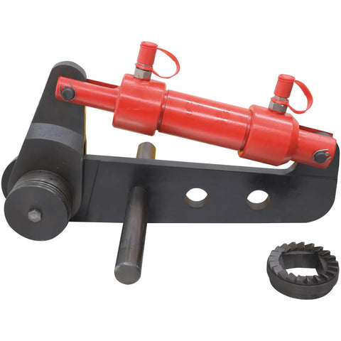 Professional Grade Manual Hydraulic Torque Wrench With Analog Pressure Gauge Dishing Out Up To 9954 Nm, with swivel head and red cylinder.