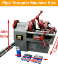 Heavy Duty Electric Pipe Threader And Cutter Machine 1/2 To 2 Inch NPT With Self Oil System 750W dimensions shown with pipes and accessories.