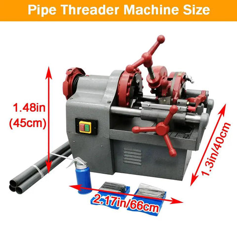 Heavy Duty Electric Pipe Threader And Cutter Machine 1/2 To 2 Inch NPT With Self Oil System 750W dimensions shown with pipes and accessories.