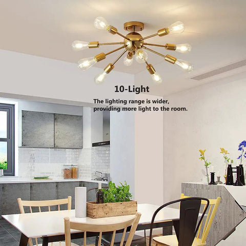 Rock A Killer Look With This Ten Light Gold Sputnik Chandelier Mid Century Modern Semi Flush Mount Ceiling Light In Brushed Brass Finish