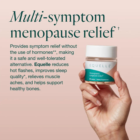 Hand holding Hormone-Free Plant Based S-Equol Menopause Relief Supplement That Eases Hot Flashes, One Month Supply 60 Tablets