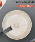 Top view of 16 Inch Marbled Round Vessel Sink With Pop Up Drain For Bathroom Ceramic Above Counter Countertop Sink Large Dope Modern European Style With Sleek Shine And Rich Marble Look