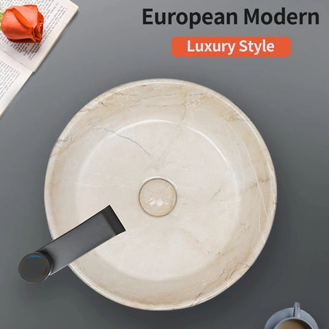 Top view of 16 Inch Marbled Round Vessel Sink With Pop Up Drain For Bathroom Ceramic Above Counter Countertop Sink Large Dope Modern European Style With Sleek Shine And Rich Marble Look