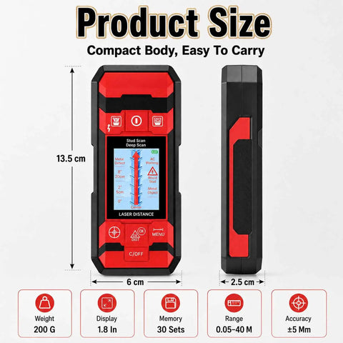 Heavy Duty Wall Scanner And Stud Finder With Smart Sensor Digital Lcd Display showing size details, compact design, and features.