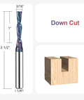 SpeTool router bit, 1/4 inch shank, downcut spiral, 3/16 inch cutting diameter for wood (front view)
