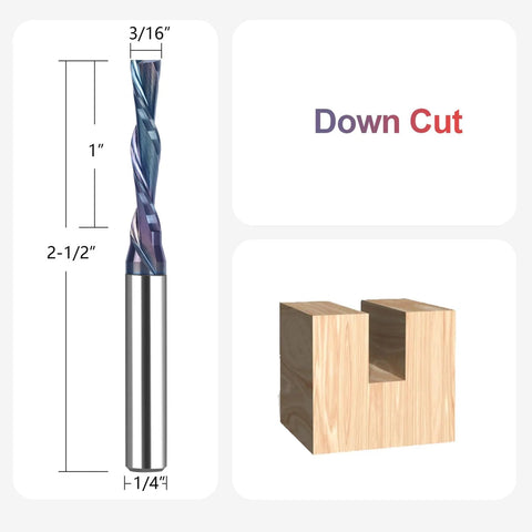 SpeTool router bit, 1/4 inch shank, downcut spiral, 3/16 inch cutting diameter for wood (front view)