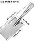 Heavy Duty Stainless Steel Garden Shovel Hand Trowel Spade with measurements, ideal for digging, planting, and transplanting rugged outdoor soil.