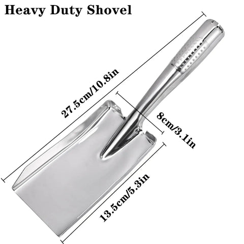 Heavy Duty Stainless Steel Garden Shovel Hand Trowel Spade with measurements, ideal for digging, planting, and transplanting rugged outdoor soil.