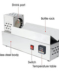 Detailed view of 600W Electric Heat Shrink Wrap Machine for Wine, Oil, Soy Sauce, and Vinegar Bottles showing stainless steel body and controls.
