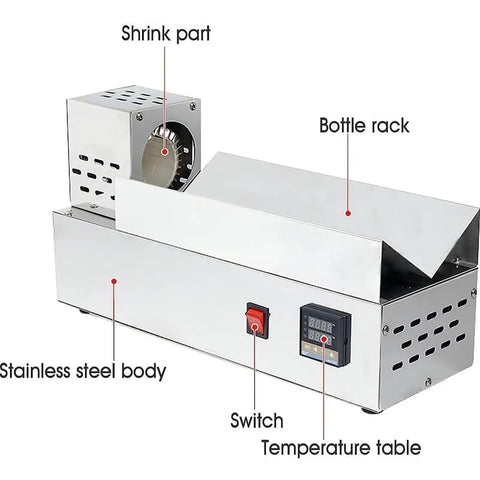 Detailed view of 600W Electric Heat Shrink Wrap Machine for Wine, Oil, Soy Sauce, and Vinegar Bottles showing stainless steel body and controls.
