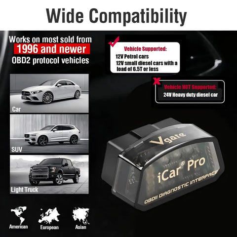 OBD2 Bluetooth Code Reader And Scanner For iOS And Android Pro with Bluetooth 4.0, compatibility with 1996 and newer gas cars