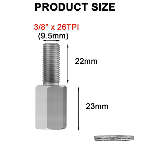 Product size of 2 Pack Bicycle Axle Extenders 3/8-26 TPI Stainless Steel Extension Bolts With Self Locking Washers.
