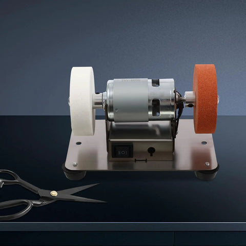 No Nonsense Mini Bench Grinder Rockin A Beefy 96W Copper Motor With Seven Smooth Variable Speeds From 3000 To 6000 Rpm Plus Easy Forward Reverse Controls For Quick Sharpening And Precision Grinding Work, featuring white and orange wheels.