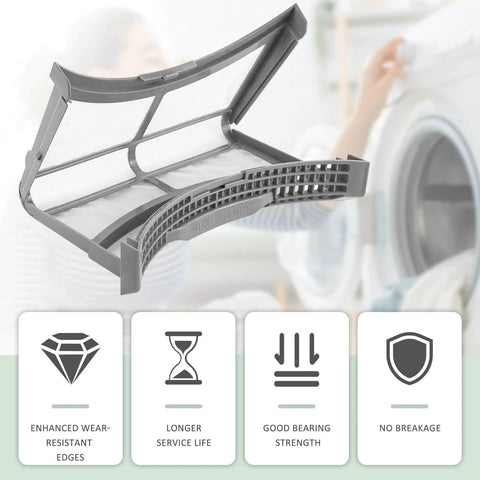 Dryer lint filter replacement kit with brush - stainless steel mesh & ABS frame, DC61-02595A, showing durability features.