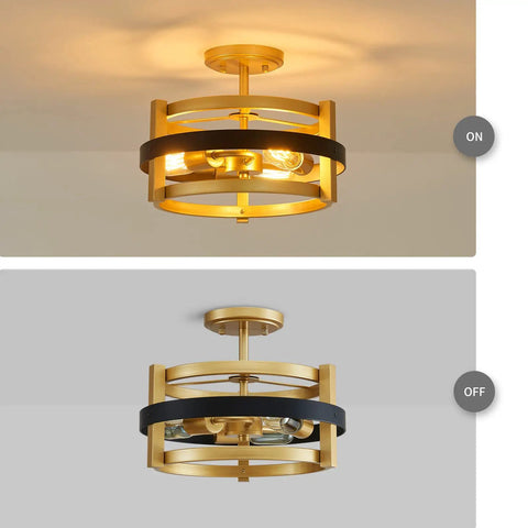 Two views of a gold and black modern ceiling light, shown on and off, showcasing industrial style and metallic finish.