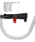 Chain Nail Gun Attachment For Electric Drills Auto Screw Spike Tool displayed with chain of nails, black aluminum body, red trigger.