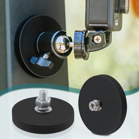 Installed view: four rubber-coated bolt-on magnets with M6 studs and nuts for light-bar/mirror mounting.