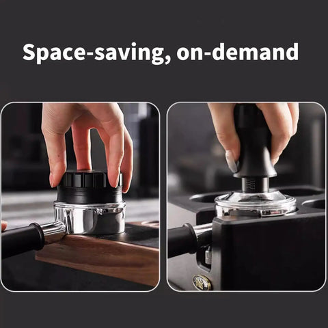Hands using Stainless Steel Bottomless Portafilter Handle for Home Espresso Makers, Durable Filter Holder for Office and Cafe Use