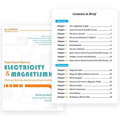 Manual from Electricity And Magnetism Kit For Kids With 50 Pieces, detailing chapter contents on circuits and electromagnetism.
