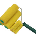 Pro Level Polyurethane Sponge Paint Roller Covers 10 Pack For Ultra Smooth Textured Walls Water Based And Oil Based Paints Hardcore Refills showing a yellow sponge roller with green ends.