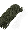 Single Person Outdoor Camping Hammock With Breathable Nylon Mesh And Rope coiled, ready for packing, green color.
