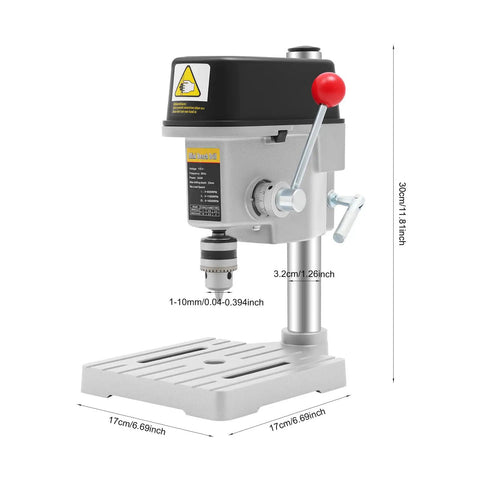 Powerful 340W Benchtop Drill Press With 3 Speed Corded Mini Drill For DIY Metal And Plastic Projects, showing dimensions and features.