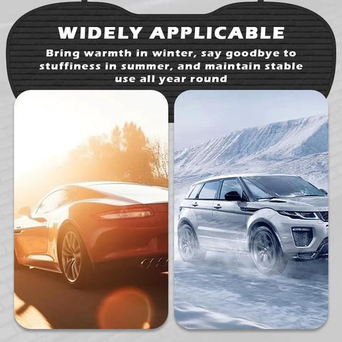 Back Seat Cover For Car, vehicles driving in summer and winter conditions, text stating year-round use benefits