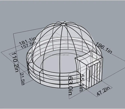 Mobile Inflatable Planetarium Dome dimensions sketch with diameter 196.1in, height 110.2in, and entry measurements, black oxford cloth