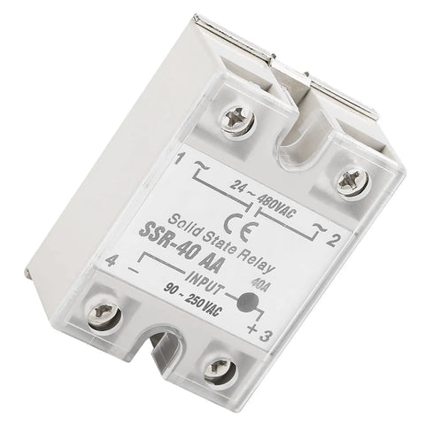 Solid State Relay Module For Industrial Control Panels And HVAC With Pro Grade Zero Cross AC To AC Switching Technology 40A 90 250 VAC Input And 24 480 VAC Output For Smooth Motor And Heater Switching, showing the front view with input and output details visible on the label.