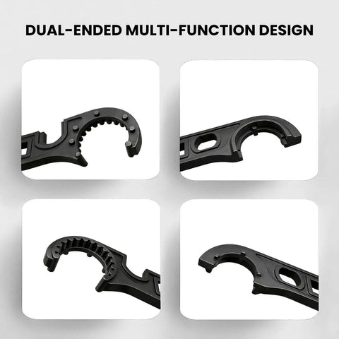 Armorers Wrench for Heavy Duty Assembly and Maintenance with Dual Half Inch Drive Ports, Heat Treated 42CrMo Steel, Rust-Resistant Manganese Phosphate Coating, Pro Grade Torque Marks, Notched Groove Positive Engagement, Ergonomic Grip showing four angled views
