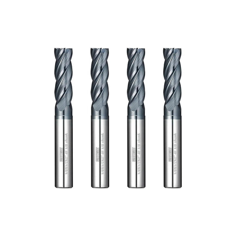 Carbide End Mill Square Cutter For Alloy Steel Cast Iron And Hardened Steel Four Flute Router Bit With One Eighth Inch Shank From One Eighth To Two Inches Cutting Range MAH Coating Ultra Precise Four Pack
