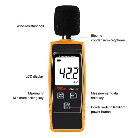Handheld Decibel Meter With Backlight Alarm And Large LCD Display, Measures 30 To 130 dBA, Digital Noise Level Monitor front view
