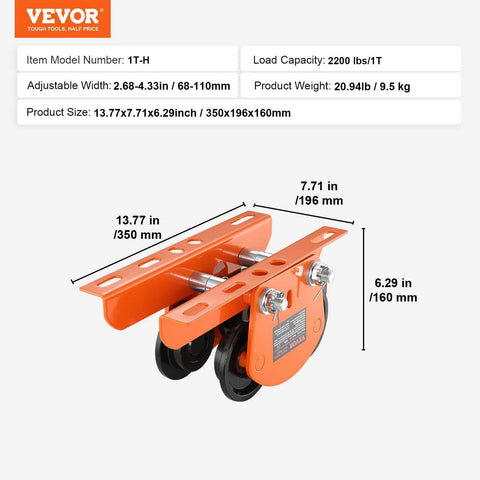 1 Ton Push Beam Trolley For Electric Hoist Dual Wheels Adjustable Beam Width 2.68 To 4.33 In orange with dimensions