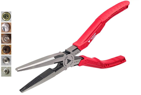 7.5 Inch Long Nose Screw Extractor Pliers For Stripped Screws Nuts And Bolts In Tight Spots Made In Japan, red handles, serrated tips