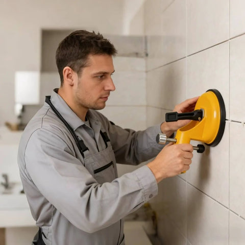 Worker using Adjustable Vacuum Suction Seam Clamp For Floor Gap Fixing And Tile Alignment, Pro Grade Heavy Duty Rubber Cups on wall tiles