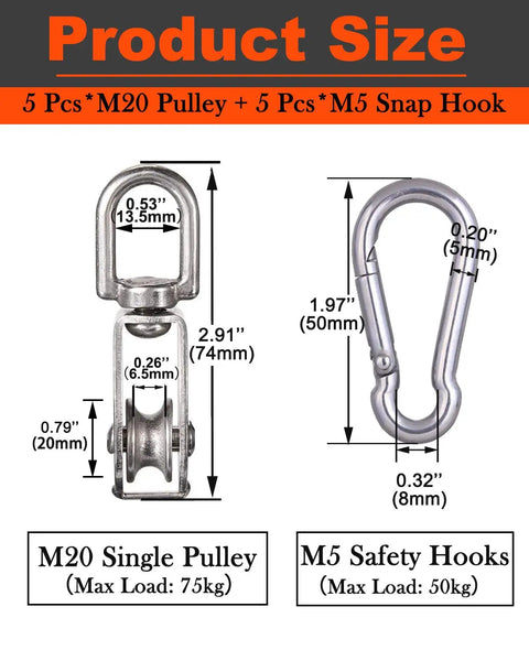 5 Pack M20 Stainless Steel Single Pulley Block Set 304 Grade Lifting Swivel Pulleys With 360 Degree Rotation For Hoisting Heavy Duty Wire Rope System Built To Last Rust Resistant Durable Crane Pulley, M20 pulley and M5 safety hook size chart