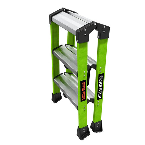 Sure Step 3 Step Double Sided Fiberglass Ladder Workhorse With Quick Setup Nylon Spreader Straps, Slip Resistant Feet
