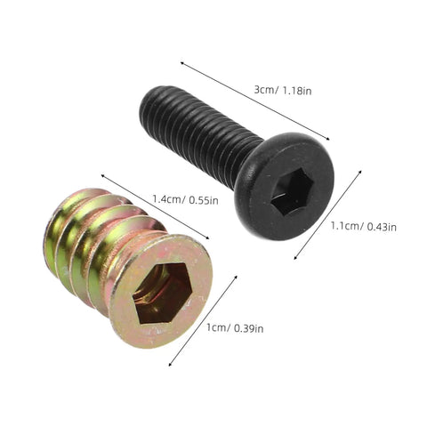 Wood Threaded Inserts And Nuts Kit With Bolts And Hex Wrenches And Drill Bit for Quick DIY Wood Assembly showing measurements