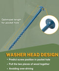 Pocket Hole Screws 2-1/2 Inch Size 8, 285 Pieces, Square Drive Washer Head, blue coated self-tapping detail, outdoor use.