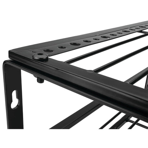 Close-up of Kickin Heavy Duty 3 Tier 16 Inch Wall Mount Power Tool Organizer showing sturdy iron construction and mounting holes.