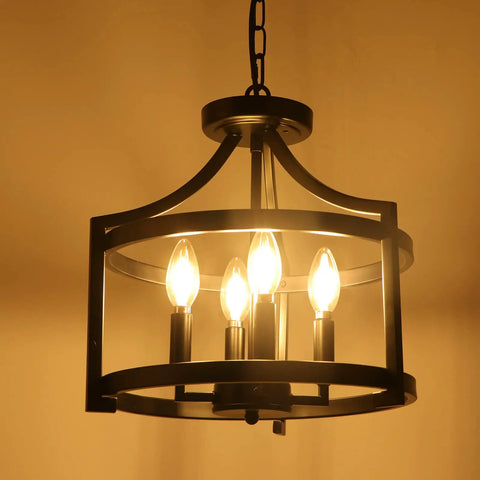 4 Light Modern Farmhouse Ceiling Chandelier Matte Black Open Cage Pendant Lighting Convertible Semi Flush Mount glowing