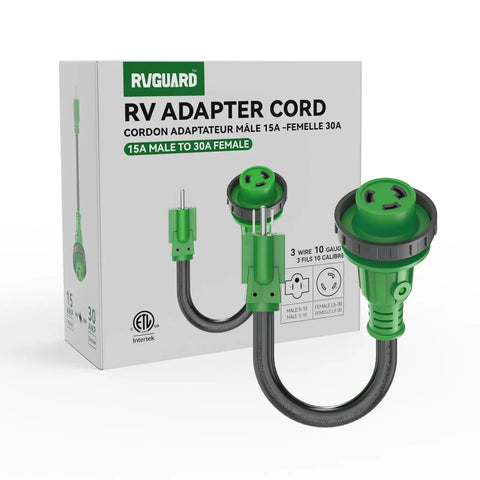 15 Amp To 30 Amp RV Adapter Cord With Locking NEMA L5-30R To NEMA 5-15P, 12 Inch, LED Power Indicator, ETL Listed, Green
