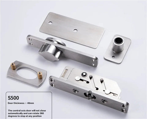 Heavy Duty Stainless Steel 360 Rotating Pivot Hinge For Invisible Doors displaying components and mount parts for installation.