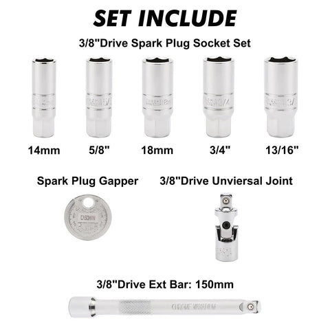 Three Eighth Inch Drive Spark Plug Socket Set With Extension Bar Six Point Universal Joint And Spark Plug Gapper Eight Piece Beefy Heavy Duty Chrome Vanadium Steel With Laser Etched Sizes, set of sockets and tools