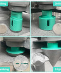 Close-up of Diamond Tile Drill Bit Set 7Pc Pro Grade Heavy Duty Hole Saw Kit drilling and chamfering concrete surface