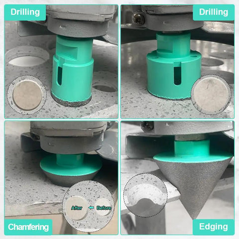 Close-up of Diamond Tile Drill Bit Set 7Pc Pro Grade Heavy Duty Hole Saw Kit drilling and chamfering concrete surface