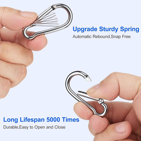 Two stainless steel M4 mini carabiner clips with spring-loaded gates, 1.57 inch, shown in two orientations