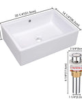 Rectangular Porcelain Vessel Sink For Bathroom Above Counter White With Chrome Drain And Overflow Industrial Modern Style Twenty By Fourteen Inch Size No Fuss Durable Ceramic Construction And Easy To Clean.