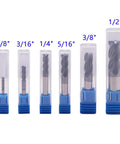 Pro Grade Solid Carbide End Mill Set One Eighth To One Half Inch, Six Pc AlTiN Coated Four Flute CNC Router Bits in packaging